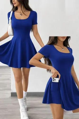 Kadın Kısa Kollu Kare Yakalı Cep Detaylı Dalgıç Elbise Tulum - 1