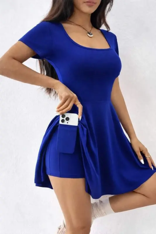 Kadın Kısa Kollu Kare Yakalı Cep Detaylı Dalgıç Elbise Tulum - 2