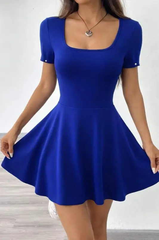 Kadın Kısa Kollu Kare Yakalı Cep Detaylı Dalgıç Elbise Tulum - 5