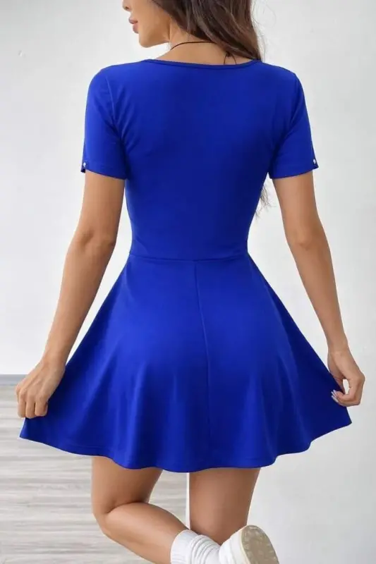 Kadın Kısa Kollu Kare Yakalı Cep Detaylı Dalgıç Elbise Tulum - 6