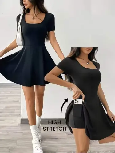 Kadın Kısa Kollu Kare Yakalı Cep Detaylı Dalgıç Elbise Tulum - 1