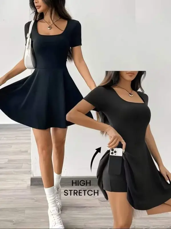 Kadın Kısa Kollu Kare Yakalı Cep Detaylı Dalgıç Elbise Tulum - 1