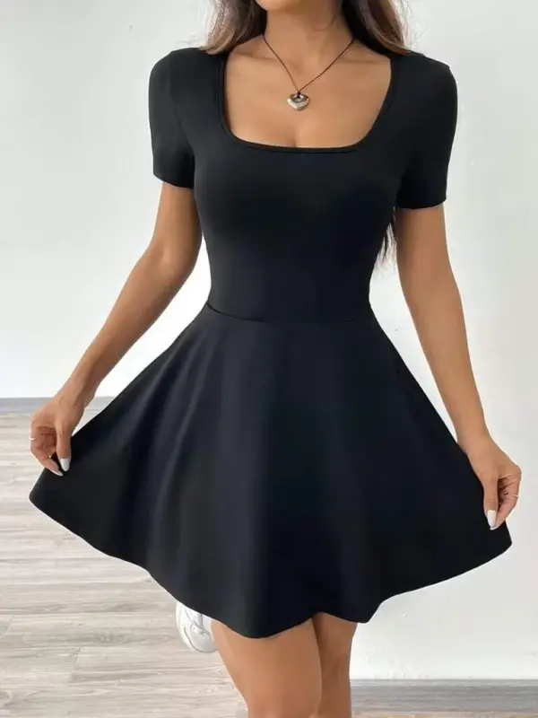 Kadın Kısa Kollu Kare Yakalı Cep Detaylı Dalgıç Elbise Tulum - 2