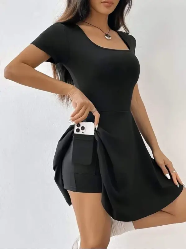 Kadın Kısa Kollu Kare Yakalı Cep Detaylı Dalgıç Elbise Tulum - 3