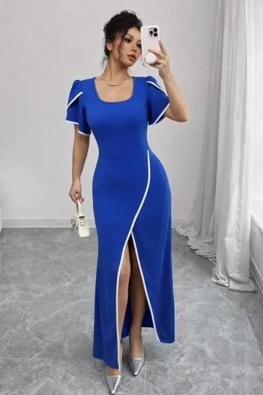 Kadın Kısa Kollu Kare Yakalı önden çapraz Kesim Detaylı Krep Elbise - 5