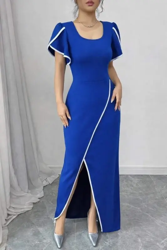 Kadın Kısa Kollu Kare Yakalı önden çapraz Kesim Detaylı Krep Elbise - 6