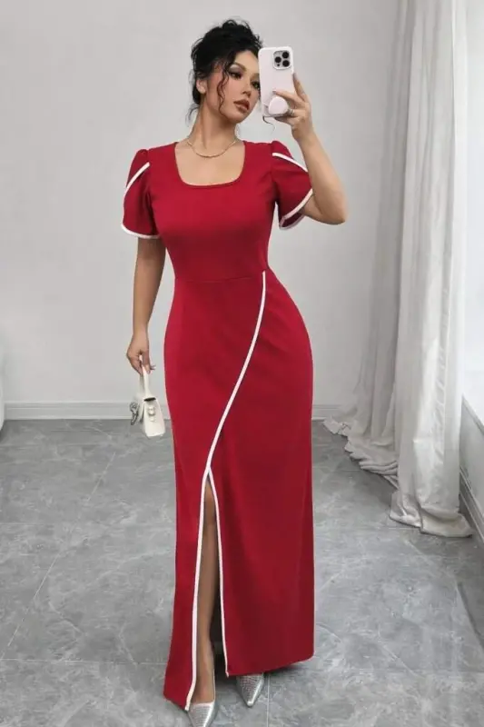 Kadın Kısa Kollu Kare Yakalı önden çapraz Kesim Detaylı Krep Elbise - 1