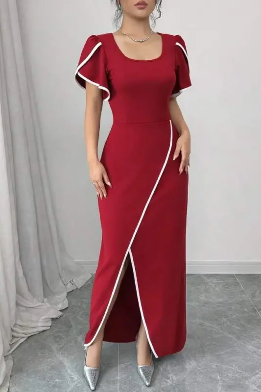 Kadın Kısa Kollu Kare Yakalı önden çapraz Kesim Detaylı Krep Elbise - 2