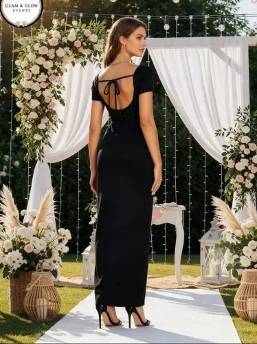 Kadın Kısa Kollu Kare Yakalı Sim Detaylı Arkadan Bağcıklı Yırtmaçlı Uzun Ithal Krep Elbise - 3