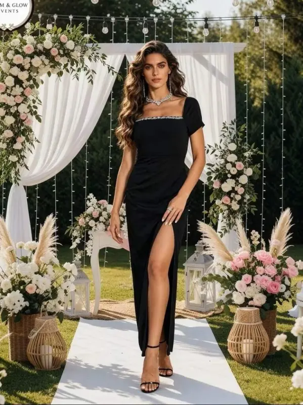 Kadın Kısa Kollu Kare Yakalı Sim Detaylı Arkadan Bağcıklı Yırtmaçlı Uzun Ithal Krep Elbise - 5