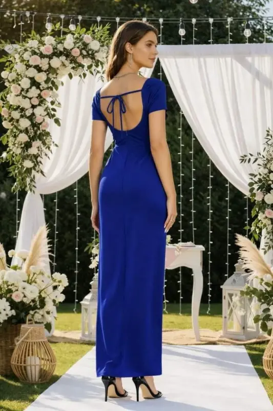 Kadın Kısa Kollu Kare Yakalı Sim Detaylı Arkadan Bağcıklı Yırtmaçlı Uzun Ithal Krep Elbise - 4