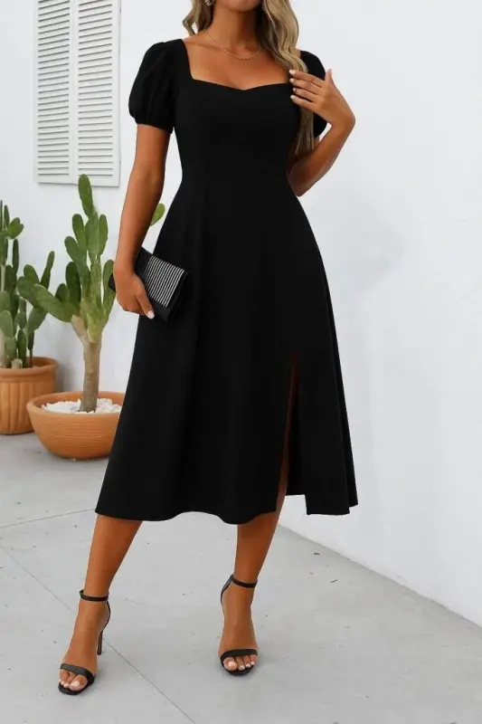 Kadın Kısa Kollu Kare Yakalı Yırtmaçlı Midi Janjan Krep Elbise - BÜYÜKBEDENIZ