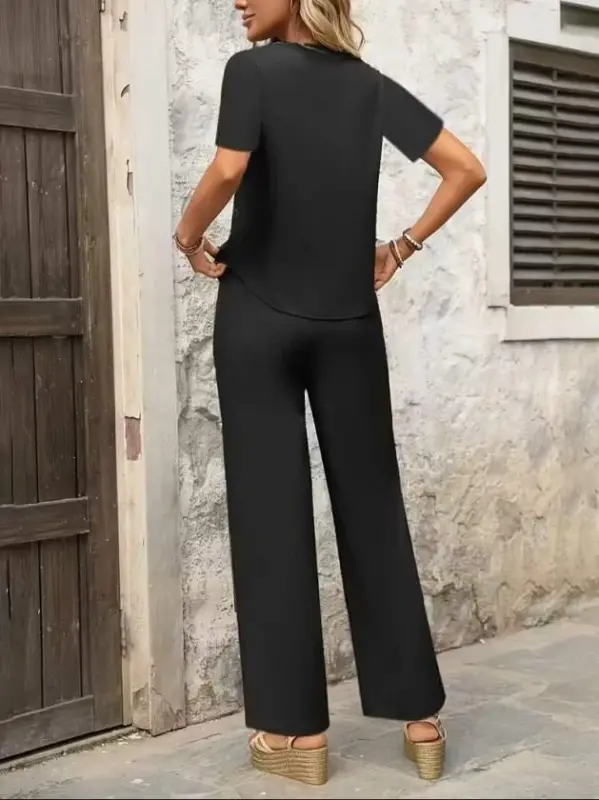 Kadın Kısa Kollu Kayık Yaka önü Asimetrik Detaylı Kısa Sandy Bluz Ve Pantolon Ikili Takım - 2