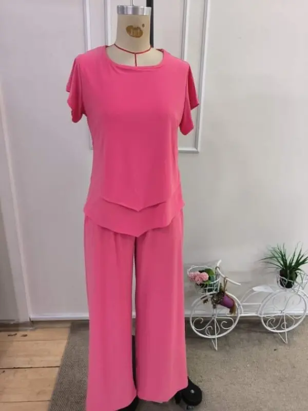 Kadın Kısa Kollu Kayık Yaka önü Asimetrik Detaylı Kısa Sandy Bluz Ve Pantolon Ikili Takım - 4