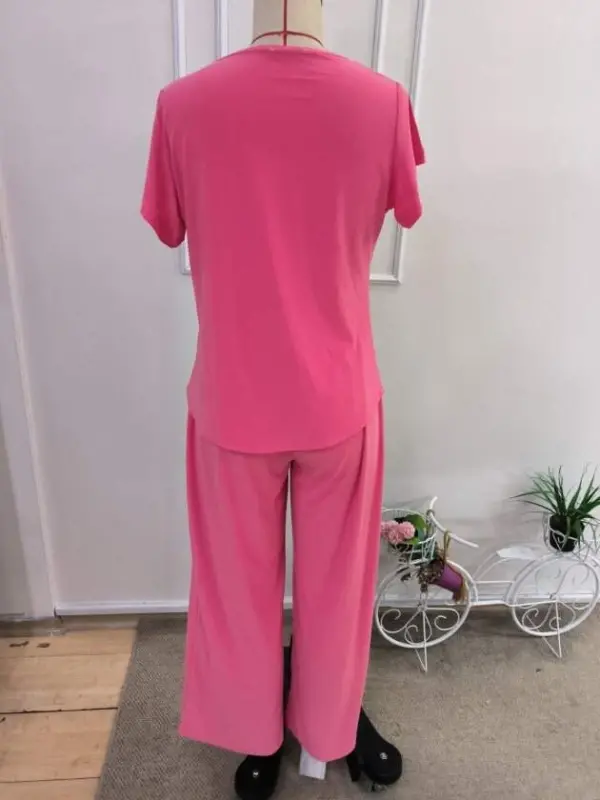 Kadın Kısa Kollu Kayık Yaka önü Asimetrik Detaylı Kısa Sandy Bluz Ve Pantolon Ikili Takım - 5