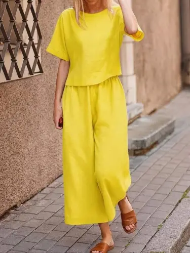Kadın Kısa Kollu Kayık Yakalı Bluz Ve Pantolon Ikili Takım - 1
