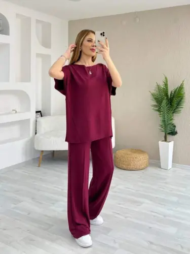 Kadın Kısa Kollu Kayık Yakalı Dikiş Izi Detaylı Viskon Iki Iplik Bluz Ve Pantolon Ikili Takım - 2