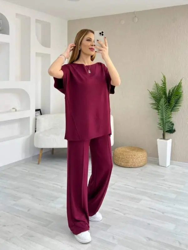 Kadın Kısa Kollu Kayık Yakalı Dikiş Izi Detaylı Viskon Iki Iplik Bluz Ve Pantolon Ikili Takım - 2