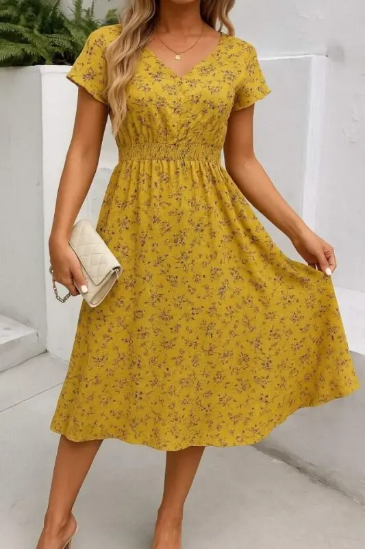 Kadın Kısa Kollu Kruvaze Yaka Beli Lastikli çiçek Desenli Elbise - BÜYÜKBEDENIZ