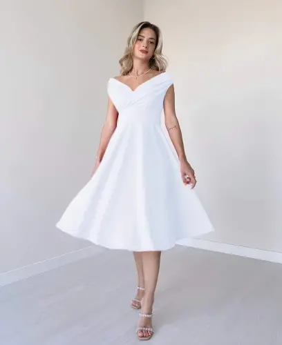 Kadın Kısa Kollu Kruvaze Yaka Eteği Volanlı Krep Elbise - 3