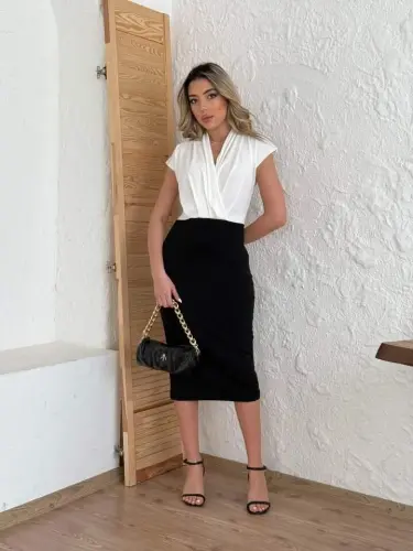 Kadın Kısa Kollu Kruvaze Yaka Krep Elbise (Kemersiz) - 5