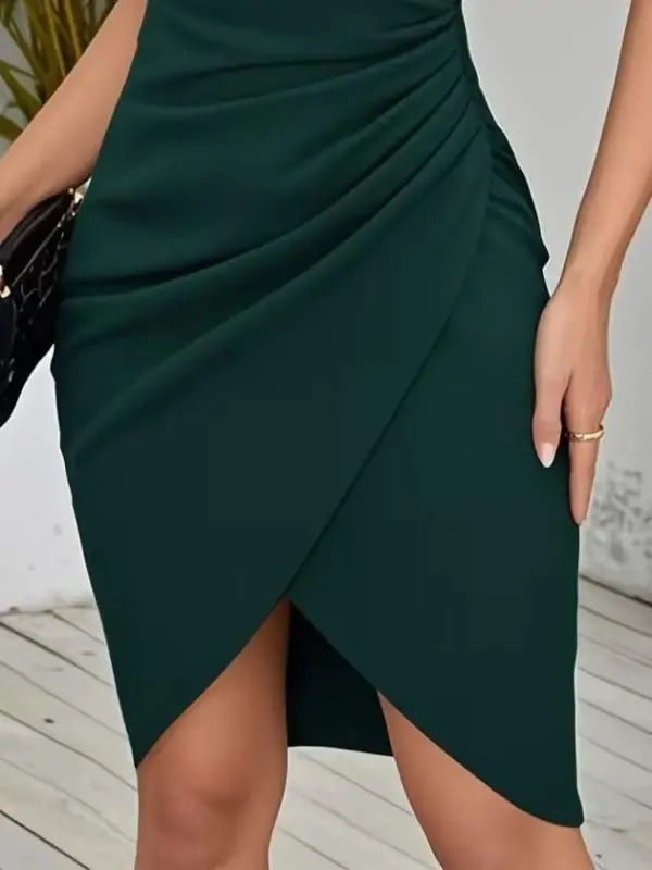 Kadın Kısa Kollu Kruvaze Yakalı Asımetrık Kesım Detaylı Kısa Ithal Krep Elbise - 3