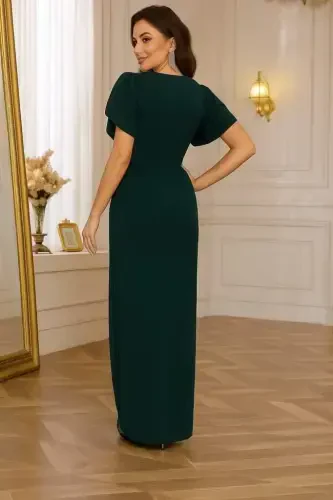 Kadın Kısa Kollu Kruvaze Yakalı Belden çiçek Aksesuarlı Yırtmaçlı Ithal Krep Elbise - 3