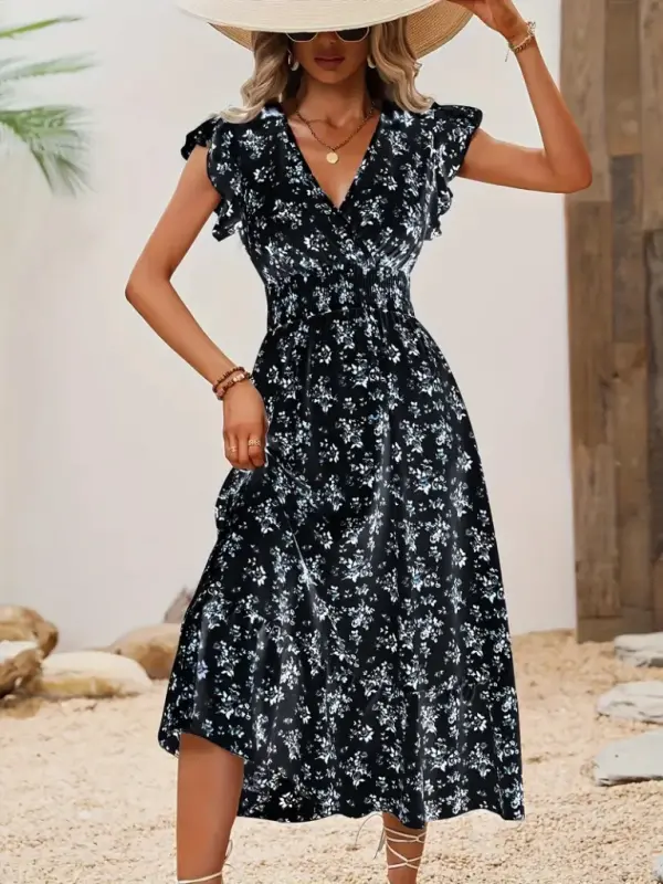 Kadın Kısa Kollu Kruvaze Yakalı Beli Lastikli çiçek Desenli Elbise - 5