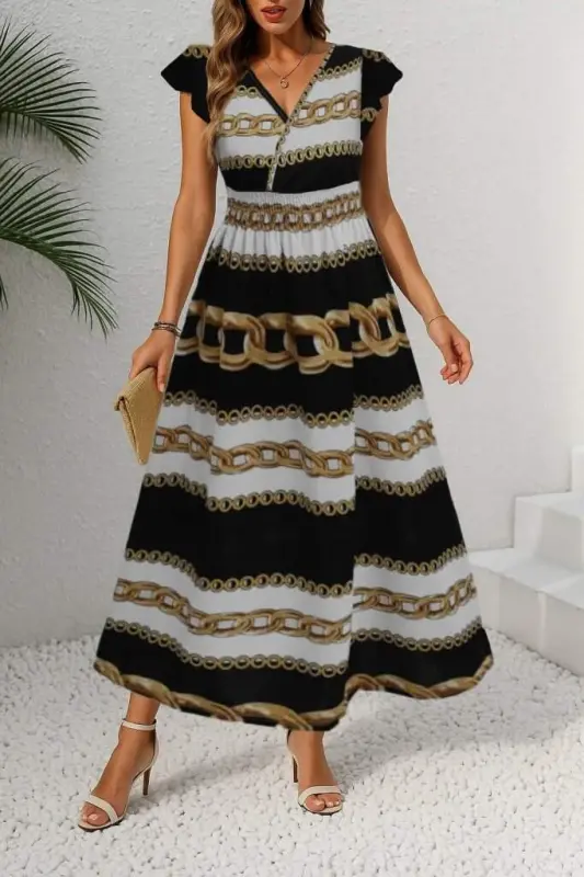 Kadın Kısa Kollu Kruvaze Yakalı Beli Lastikli Desenli Maksi Boy örme Krep Elbise - 3