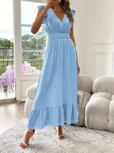 Kadın Kısa Kollu Kruvaze Yakalı Beli Lastikli Müslim Elbise - 4