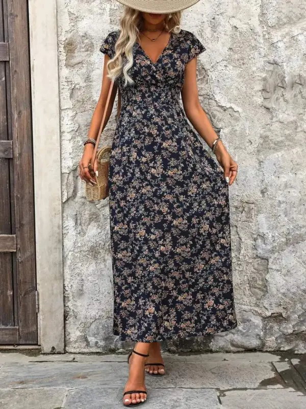 Kadın Kısa Kollu Kruvaze Yakalı çiçek Desenli Belden Lastikli Süprem Uzun Elbise - 3