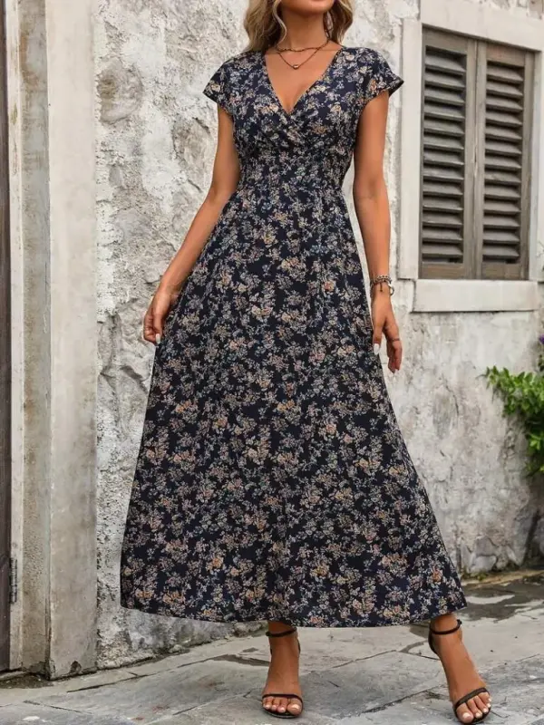 Kadın Kısa Kollu Kruvaze Yakalı çiçek Desenli Belden Lastikli Süprem Uzun Elbise - 4