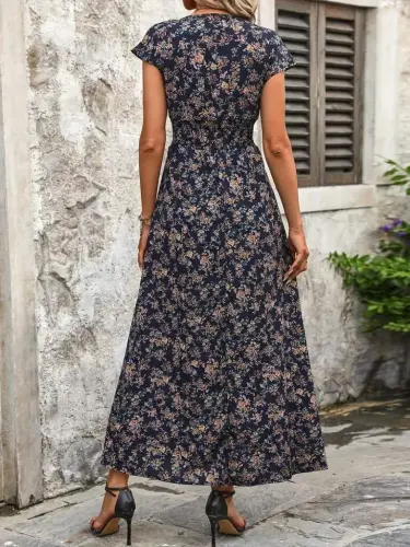 Kadın Kısa Kollu Kruvaze Yakalı çiçek Desenli Belden Lastikli Süprem Uzun Elbise - 5