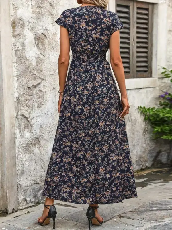 Kadın Kısa Kollu Kruvaze Yakalı çiçek Desenli Belden Lastikli Süprem Uzun Elbise - 5