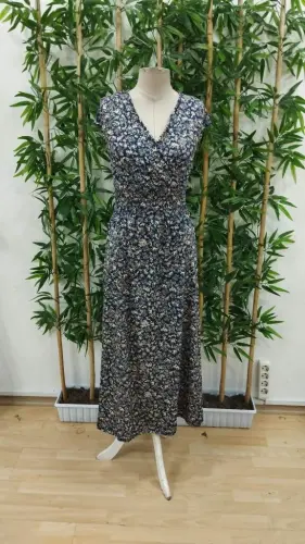 Kadın Kısa Kollu Kruvaze Yakalı çiçek Desenli Belden Lastikli Süprem Uzun Elbise - 7