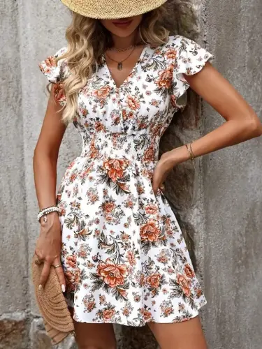 Kadın Kısa Kollu Kruvaze Yakalı çiçek Desenli Süprem Elbise - 1