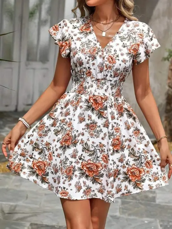 Kadın Kısa Kollu Kruvaze Yakalı çiçek Desenli Süprem Elbise - 5