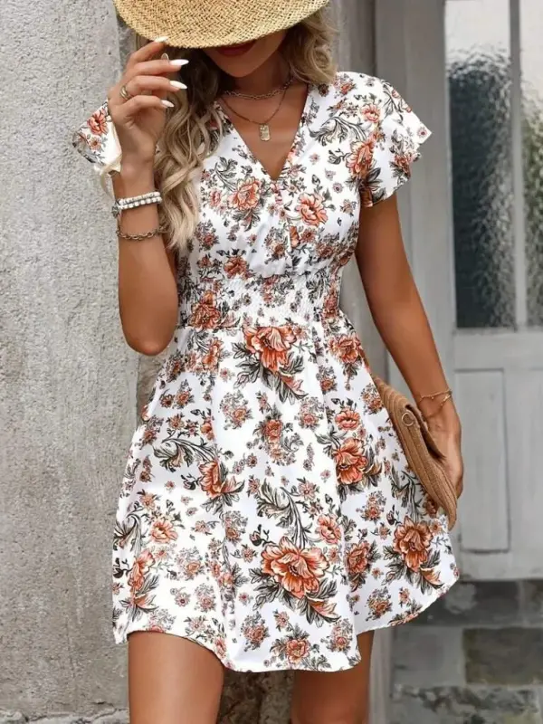 Kadın Kısa Kollu Kruvaze Yakalı çiçek Desenli Süprem Elbise - 7