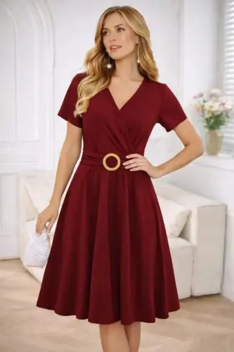 Kadın Kısa Kollu Kruvaze Yakalı önden Toka Detaylı Kısa Viskon Elbise - BÜYÜKBEDENIZ (1)