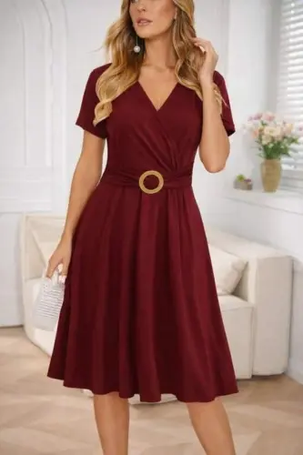 Kadın Kısa Kollu Kruvaze Yakalı önden Toka Detaylı Kısa Viskon Elbise - 1