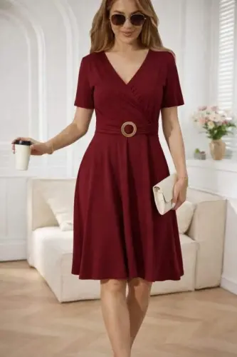 Kadın Kısa Kollu Kruvaze Yakalı önden Toka Detaylı Kısa Viskon Elbise - 3