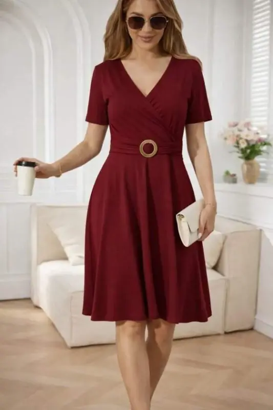 Kadın Kısa Kollu Kruvaze Yakalı önden Toka Detaylı Kısa Viskon Elbise - 3