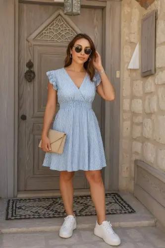 Kadın Kısa Kollu Kruvaze Yakalı Poplin Elbise - 5
