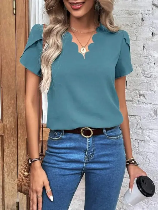 Kadın Kısa Kollu Lazer V Yakalı Ithal Krep Bluz - 5