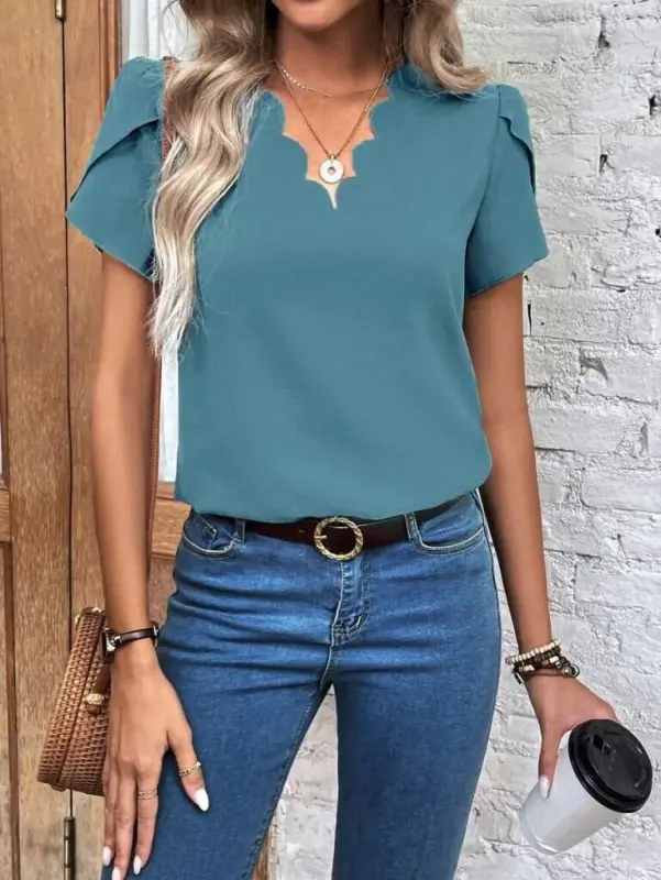 Kadın Kısa Kollu Lazer V Yakalı Ithal Krep Bluz - 6