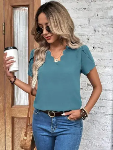 Kadın Kısa Kollu Lazer V Yakalı Ithal Krep Bluz - 3