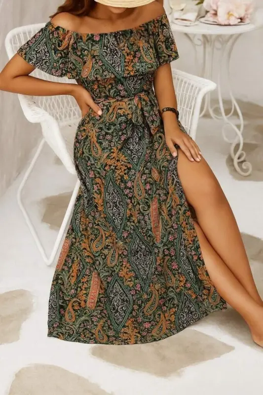 Kadın Kısa Kollu Madonna Yaka Fırfırlı Belden Yırtmaçlı Maksi Süprem Elbise - 1