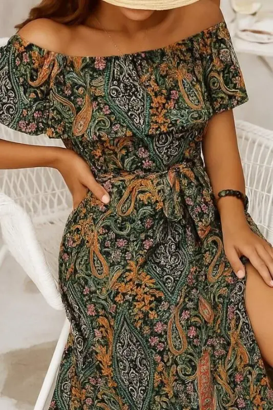 Kadın Kısa Kollu Madonna Yaka Fırfırlı Belden Yırtmaçlı Maksi Süprem Elbise - 2