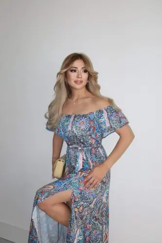 Kadın Kısa Kollu Madonna Yaka Fırfırlı Belden Yırtmaçlı Maksi Süprem Elbise - 12