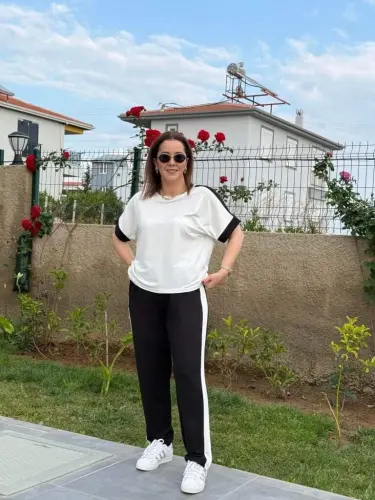 Kadın Kısa Kollu Modal Dokulu Kumaş Yanı şeritli Takım - 3